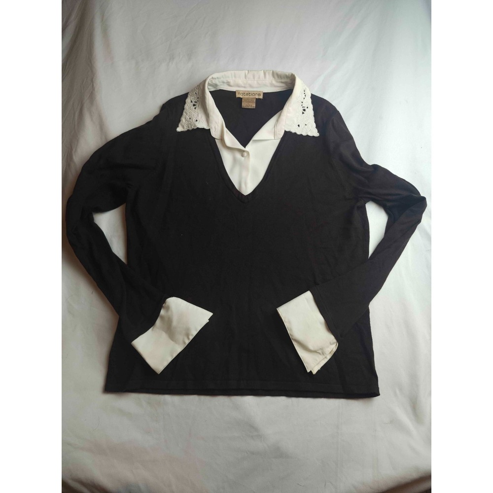 Vintage 90s Y2K Notations Sweater Womens Large Black White Lace Preppy Classic
